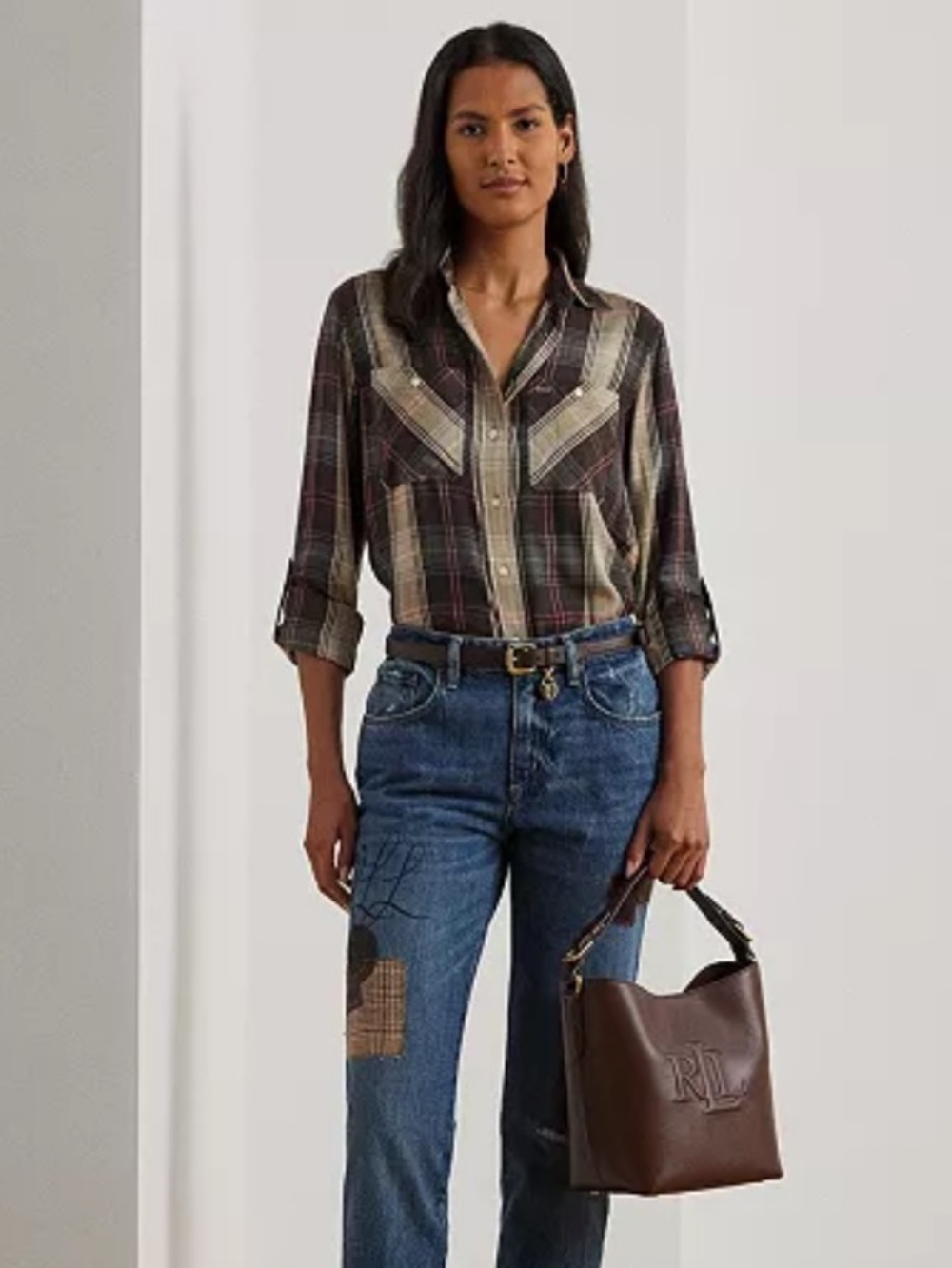 ❤️‍🔥💕lauren ralph lauren  Plaid Button-Front Shirt - Black Multicolor s - Picture 3 of 5